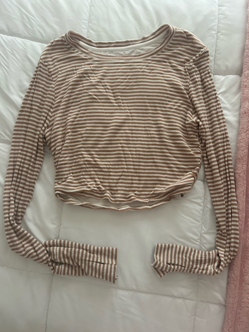 aerie Striped Long-Sleeve Crop Top in Beige and White